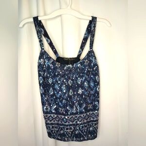 Lafayette 148 All Over Sequin Shell Camisole Size 4 Blue Ikat Glam Viscose Linen